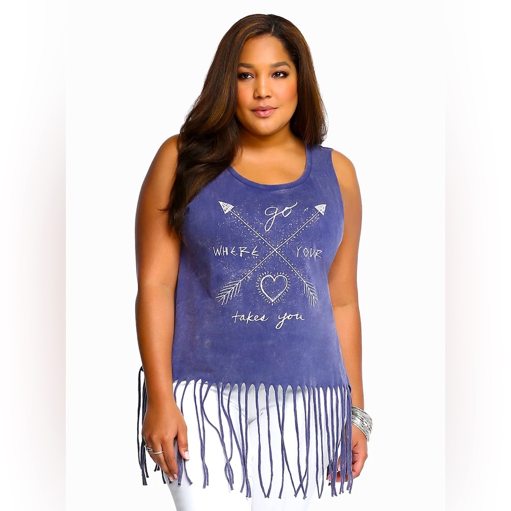 Torrid Purple Graphic Tank Top with Fringe | 3